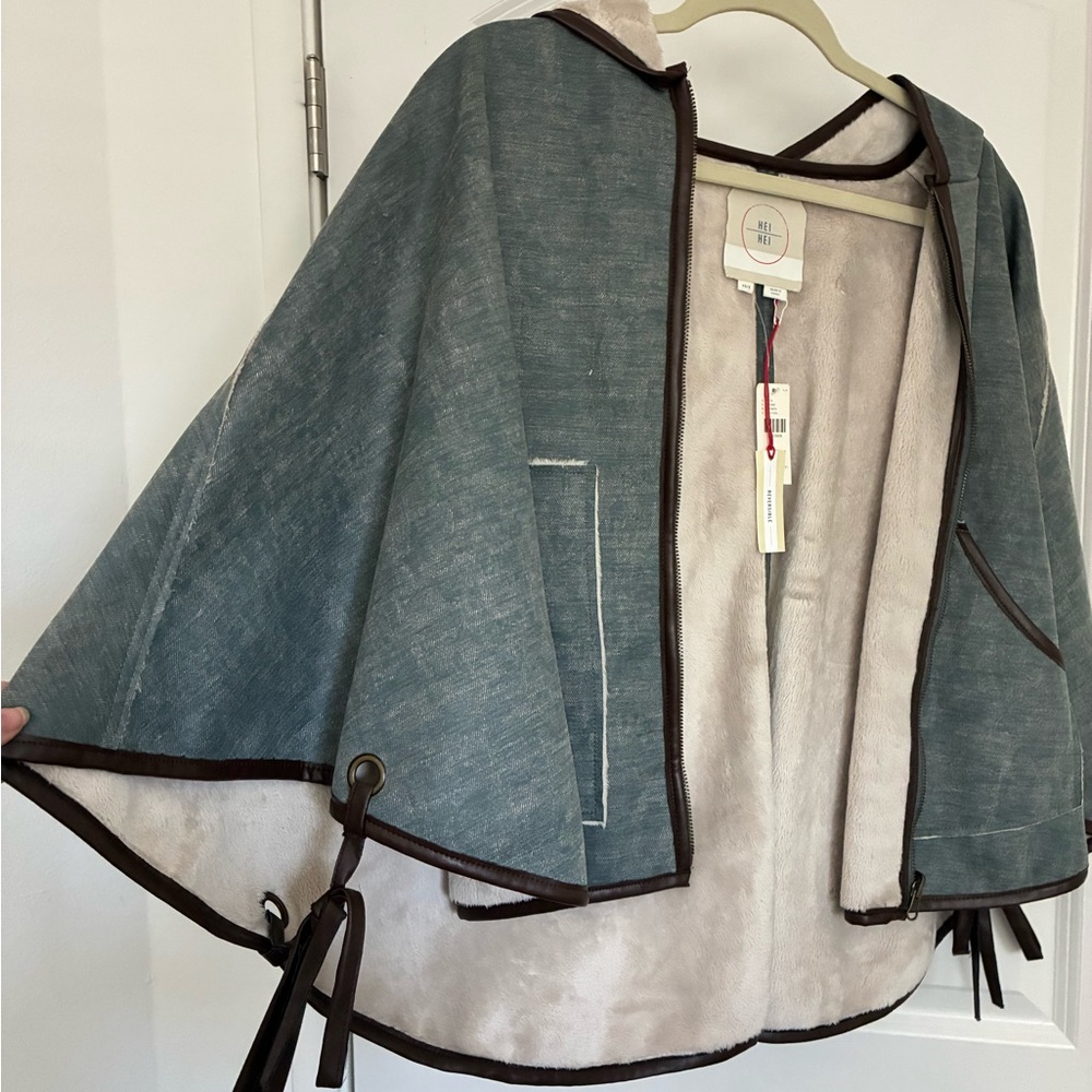 Anthropologie reversible denim and Sherpa poncho with faux leather trim - Picture 2 of 9